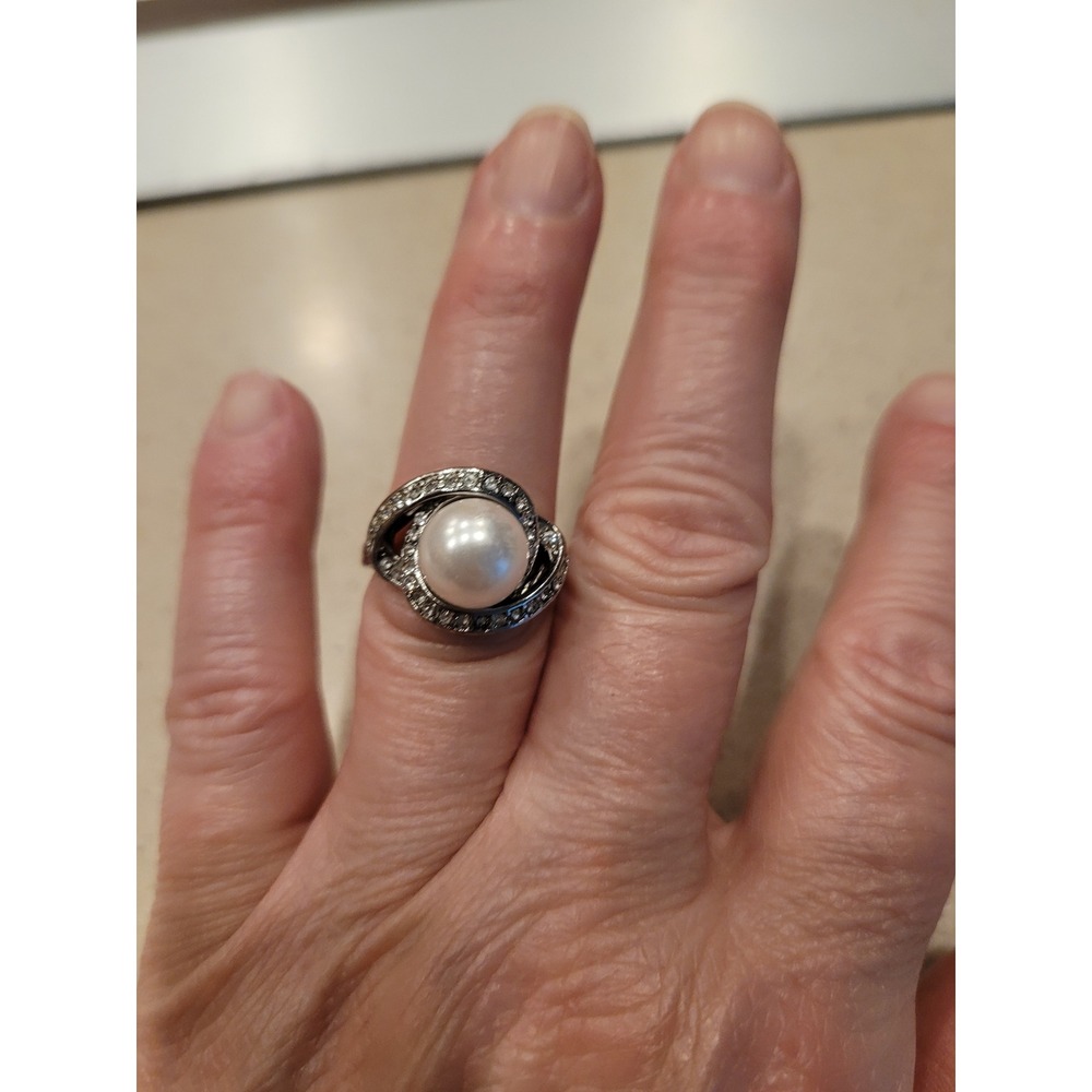 Silver Tone Faux Pearl Swirl‎ Bypass Cocktail Ring with Pave Crystal Accents